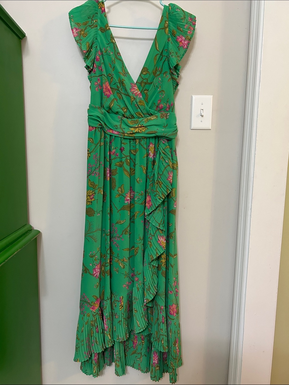 Anthropologie Green Floral Ruffle Wrap Maxi Dress with Pink Accents